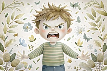 Enraged Boy Shouting Amidst Whimsical Nature Elements