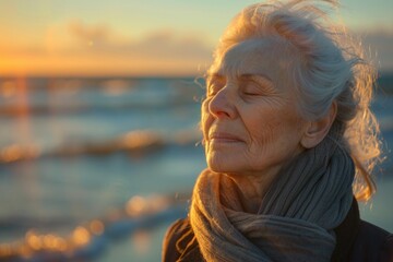 Fototapeta premium Elderly woman in scarf gazing at ocean