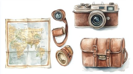 A vintage camera, leather bag, map, and lens convey the essence of travel and exploration in a classic style