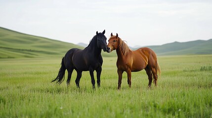 Two Horses in a Green Field, One Black and One Brown