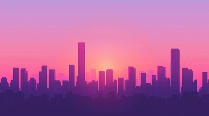 Fototapeta premium Majestic Cityscape: Silhouetted Skyscrapers Against Vibrant Sunset Skyline