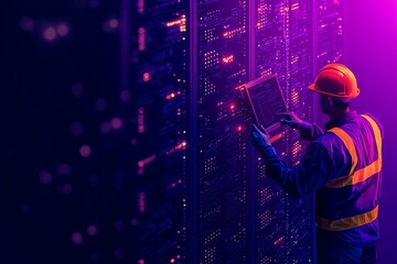 Worker in helmet and vest checking server data in digital environment.