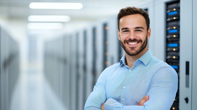 Smiling man in a server room with arms crossed, showcasing confidence and professionalism.