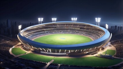 Lively night scene of a cricket stadium in a 3D model, glowing with fans and lights, part of a modern complex.