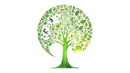 Obraz premium A vibrant tree design with green leaves and birds, symbolizing nature and environmental harmony, ideal for eco-friendly themes.