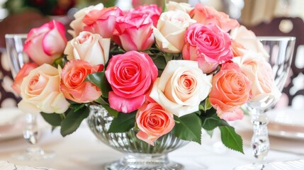 Elegant Floral Arrangement of Pink and White Roses in Crystal Vase for Fine Dining Setting