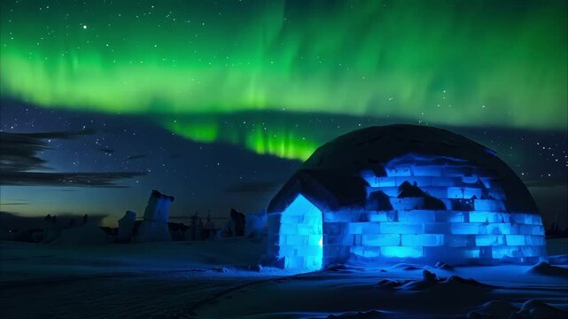 An igloo illuminated with blue light under the colorful aurora borealis in a snowy landscape.