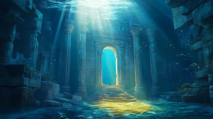 Ancient ruins of a forgotten underwater city with a glowing portal in the distance. mythical portal. illustration. Underwater City. Illustration