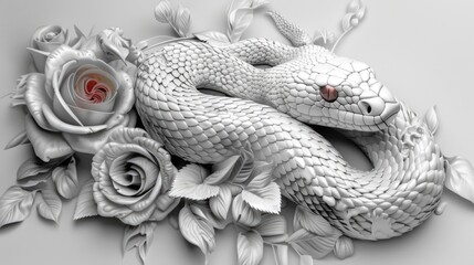 Fototapeta premium Black and White of Snake Coiled Among Roses in Garden