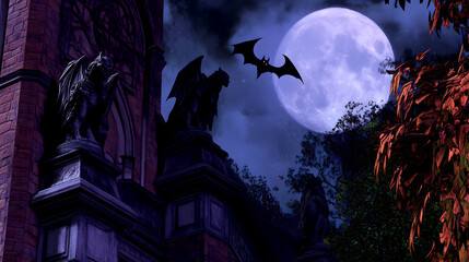 Fototapeta premium Eerie Castle Courtyard with Gargoyles and Full Moon