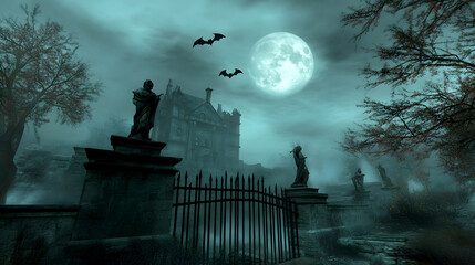 Enigmatic Castle Courtyard Under Full Moonlight