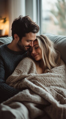A couple cuddling on a cozy sofa with a blanket, soft natural light coming from a nearby window, peaceful and intimate indoor setting, relaxed and loving mood