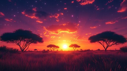 A vibrant sunset casts an orange glow over a savanna landscape with silhouette trees and a starry sky.