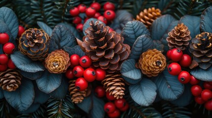 Fototapeta premium Close up of christmas ornaments on a pine tree