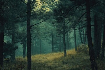 Obraz premium A Misty Forest Path Through Tall Pine Trees