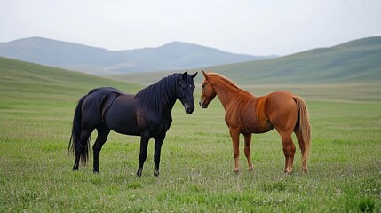 Fototapeta premium Black and Brown Horses in a Meadow with Distant Hills