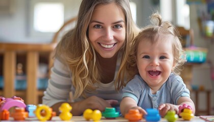 Mother and child playing with colorful toys