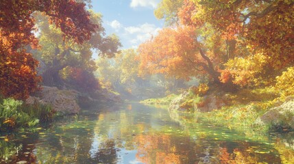 Obraz premium Serene River Meandering Through Vibrant Autumn Forest