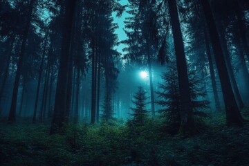 Obraz premium A Misty Forest at Night with a Glimmer of Light Through the Trees