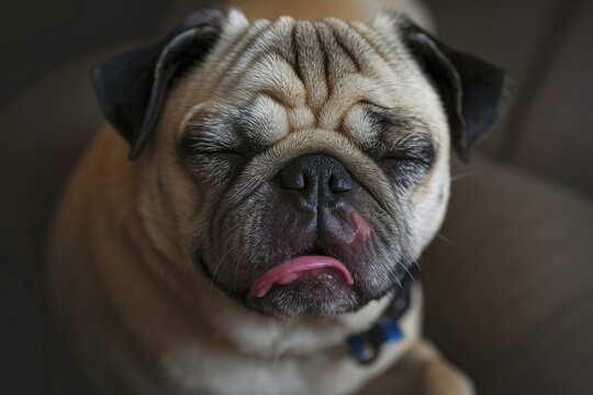 A close-up of a pug dog low light photo