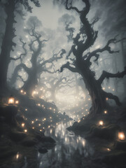 A haunted forest with twisted, gnarled trees, dimly lit by lanterns hanging from branches, with fog swirling across the forest floor
