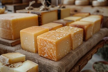 Close-up of goat cheese rounds on a slate plate with rosemary sprigs, peppercorns, and other spices.