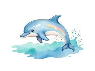 Fototapeta premium Watercolor dolphin clipart, cute dolphin, underwater theme, nursery decor, dolphin wall art, illustration, white background, undersea animal