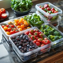 Stacked plastic containers with fresh produce
