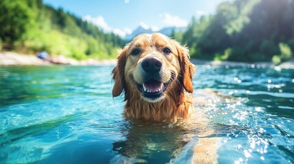 Happy Dog Swimming in a Clear Blue River