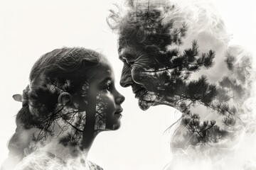 Double Exposure: Young Girl and Elderly Woman with Nature Background