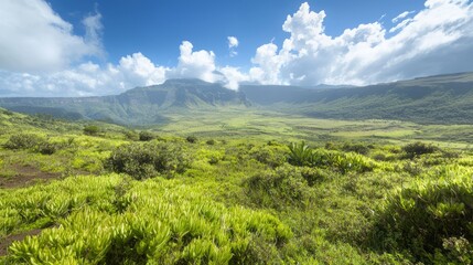 Fototapeta premium Majestic Mountain Plateau: A Stunning Panorama of Diverse Plant Life and Vast Views