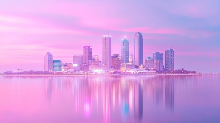 Obraz premium Majestic Skyline: Vibrant Dusk Reflections on Water