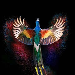 A majestic bird flying mid-air, breaking into small particles in a dramatic dispersion effect, with colorful feathers splattering outward against a deep black background