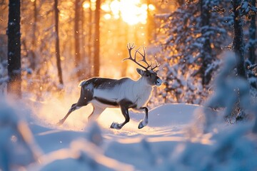 Reindeer Running Through a Snowy Forest at Sunset