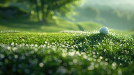 Golf ball on green grass with blurred background