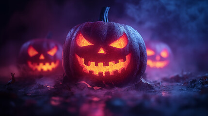 Naklejka premium Spooky glowing jack-o'-lanterns in misty night, Halloween scene