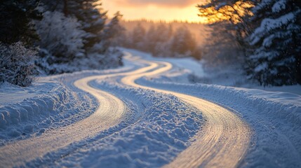 A snow-covered road winds through a mountainous landscape, lit by the sun, conveying a refreshing winter atmosphere. Snow covers the road and the surrounding area. - Powered by Adobe