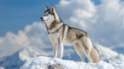 Fototapeta premium Majestic Siberian Husky on a Snowy Mountain Peak
