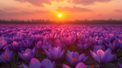 Vibrant purple crocus field at sunset, springtime landscape