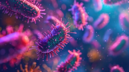 Close-up of bacteria in blue and purple hues