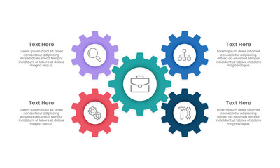 5 parts of business to success. Infographic gears design template. Business presentation, System, Strategy and Plan. Vector illustration.