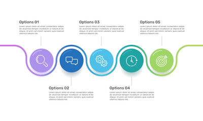 Infographic curve line design template with 5 colorful circle. Business presentation, milestones, workflow, strategy and planning. Vector illustration.