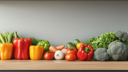 A colorful assortment of fresh vegetables including peppers, carrots, broccoli, and lettuce arranged neatly on a wooden surface against a neutral background.