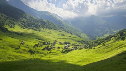Fototapeta premium Majestic Mountain Village: A Scenic Haven in the Verdant Valley
