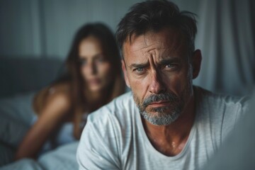 Fototapeta premium Pensive Older Man in Bedroom Facing Relationship Challenges with Blurred Partner in Background