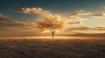 A surreal desert scene with a glowing tree of hope standing in the middle of the barren landscape, symbolizing life in a lifeless place