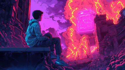 Obraz premium Figure seated on futuristic platform above toxic wasteland with glowing neon lights. Neon Wasteland. Illustration