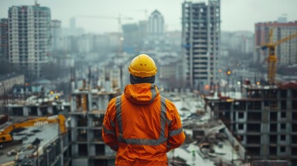 Construction worker looking at cityscape