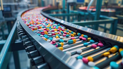 Pharmaceutical Factory Conveyor Belt with Various Pills and Capsules in Production Line