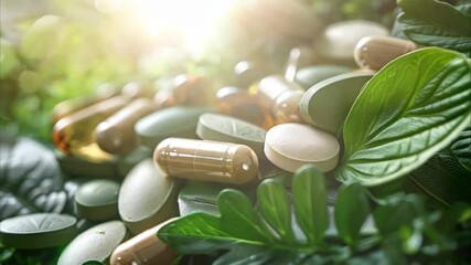 A variety of dietary supplements and capsules among green leaves, suggesting a focus on health and wellness.